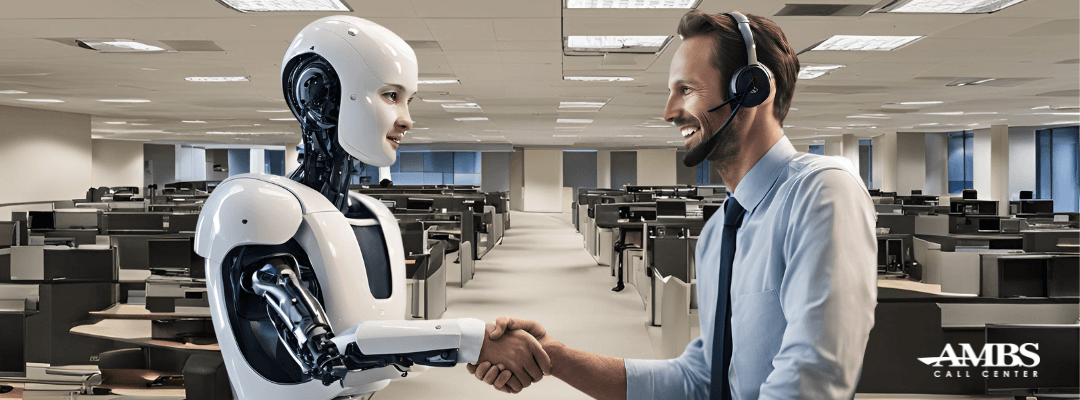 Human Call Center Agent Shaking Hands with AI Call Center Agent