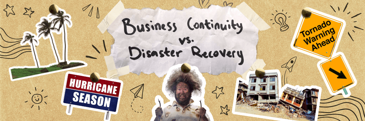 cut outs of man and signposts on a textbook with paper saying business continuity vs disaster recovery